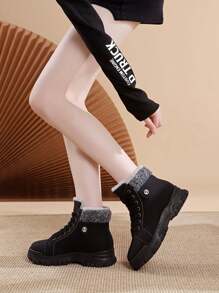 冬季女士纯色厚底保暖毛绒衬里休闲雪地靴 - 黑色 - 查看 11
