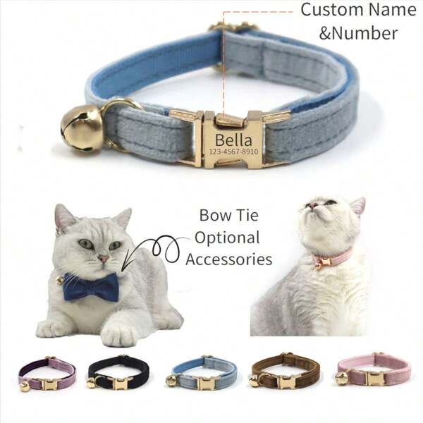 1pc Customized Name & Phone Number Velvet Pet Cat Collar With Bow Accessory, Suitable For Party, Thanksgiving/Christmas Gift For Pets Ornamental, Engraved, Stainless, Cat Stylish, Contracted, Cute, Cuties, Colorful, Vintage Unique, Customized Cat Tags Personalized Small, Personalized Cat Collar, Personalized Dog Collars Pet For Anniversaries, For Housewarming Ornamental, Engraved Stylish, Cute, Contracted, Cuties Custom, Unique, Customized, Personalized Pet For Anniversaries, For Birthdays,Customized Pet Collars, Leashes & Harnesses,Tendencia Local