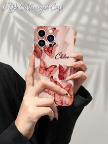 1pc Custom Phone Case, Red Butterfly Pattern Design, Can Be Customized With Name, Nickname, Letters, Text, Compatible With IPhone, Heat Transfer PC Protective Hard Shell, Anti-Fall Anti-Fingerprint Full-Wrap, Ideal For Personal, Couple, Family, Friend, Birthday, Anniversary Gift