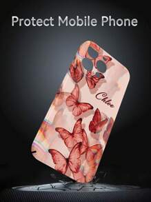 1pc Custom Phone Case, Red Butterfly Pattern Design, Can Be Customized With Name, Nickname, Letters, Text, Compatible With IPhone, Heat Transfer PC Protective Hard Shell, Anti-Fall Anti-Fingerprint Full-Wrap, Ideal For Personal, Couple, Family, Friend, Birthday, Anniversary Gift