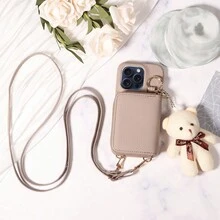 1 件 iPhone 系列防摔 PU 皮革保护壳，采用熊图案设计，配有挂绳、拉链钱包、卡槽 - 卡其色 - 查看 3