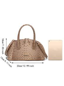 Luxury Crocodile Pattern Handbag, Retro Genuine Purse, Women's Classic Boston Bag & Shoulder Bag - 卡其色 - 查看 6