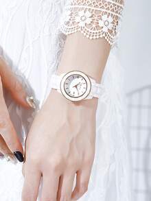 OUPAI Đồng hồ gốm phong cách Châu Âu dành cho nữ, thanh lịch và thời trang với chức năng lịch và mặt số hoa màu trắng, thích hợp để đeo hàng ngày và đi họp mặt - trắng - Xem 2