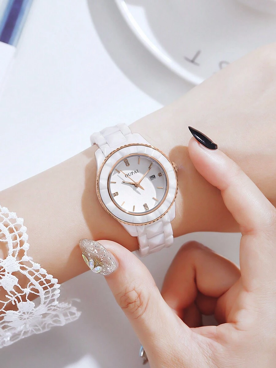 OUPAI Đồng hồ gốm phong cách Châu Âu dành cho nữ, thanh lịch và thời trang với chức năng lịch và mặt số hoa màu trắng, thích hợp để đeo hàng ngày và đi họp mặt - trắng - Xem 1