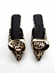 Women's Classic Fashion Gold Hardware Embellished Leopard Print Fabric Pointed Toe Comfortable Flat Mule Shoes, Daily Wear