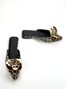 Women's Classic Fashion Gold Hardware Embellished Leopard Print Fabric Pointed Toe Comfortable Flat Mule Shoes, Daily Wear