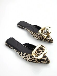 Women's Classic Fashion Gold Hardware Embellished Leopard Print Fabric Pointed Toe Comfortable Flat Mule Shoes, Daily Wear