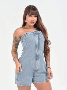 MILLE MODAS WOMEN'S JEANS STRAP-OFF OVERALL - Medium Wash - View 1