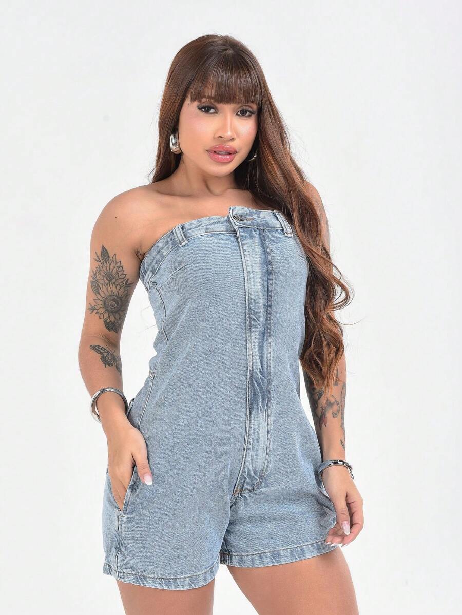 MILLE MODAS WOMEN'S JEANS STRAP-OFF OVERALL - Medium Wash - View 1