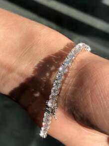 1pc 3mm Top Quality Hip Hop Four Claw Round Cut Zirconia Tennis Chain Bracelet In White Gold S925 Sterling Silver Shining Light Luxury And High-End Exquisite Bracelet Fine Jewelry Gifts For Girls - Silver - View 4