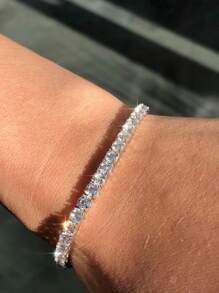 1pc 3mm Top Quality Hip Hop Four Claw Round Cut Zirconia Tennis Chain Bracelet In White Gold S925 Sterling Silver Shining Light Luxury And High-End Exquisite Bracelet Fine Jewelry Gifts For Girls - Silver - View 2