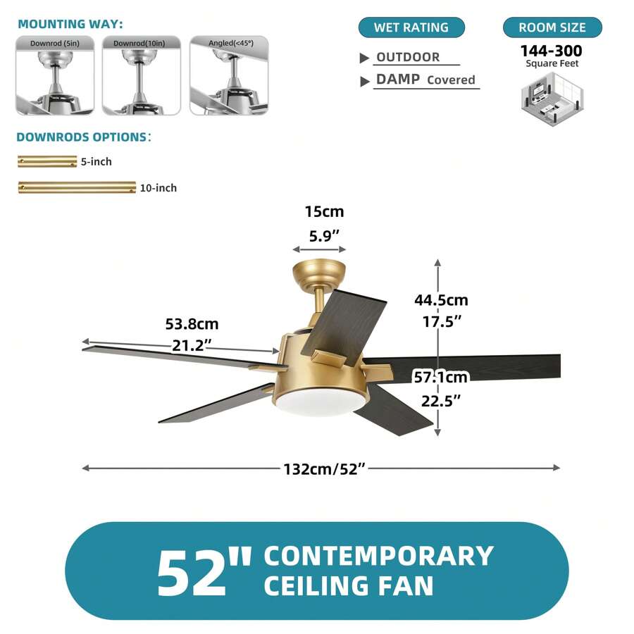52'' Ceiling Fan With Light And Wall Switch Remote Modern Fan