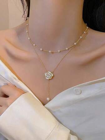 1pc Gold Double Layer Camellia Faux Pearl Necklace, Elegant Camellia Faux Pearl Tassel Choker Necklace, Stylish Bridal Wedding Necklace, Suitable For Wedding, Date, Party, Birthday, Women Jewelry Gift Valentine's Day Valentines