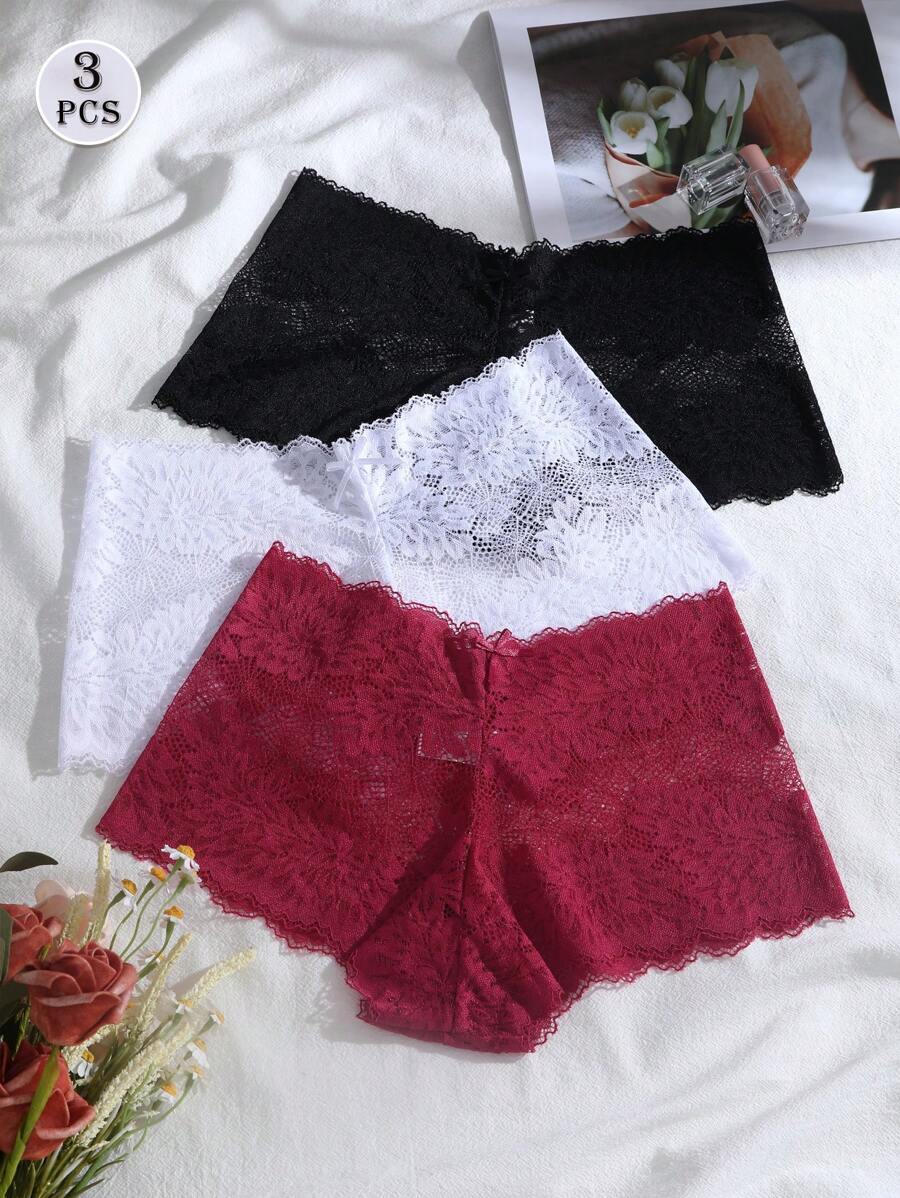 3 件套纯色蝴蝶结蕾丝装饰时髦内裤，性感浪漫女式设计 - 彩色 - 查看 1