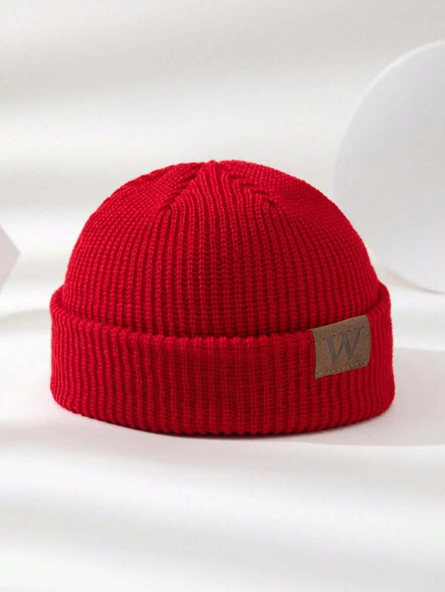 1 件男士秋冬针织帽，带皮革标签和 W 形标志，万圣节无檐帽，秋季服装 - 紅色 - 查看 1