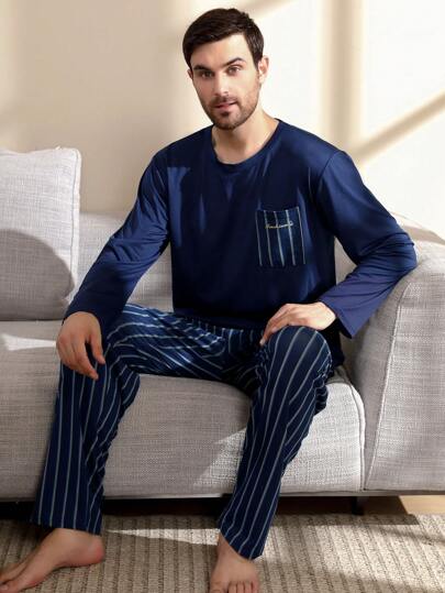 QIANNIANMA Men's Stripe Pocket Round Neck Long Sleeve & Stripe Trousers Pajama Set, Comfortable & Skin-Friendly Style Pajamas For Men's Cozy Loungewear