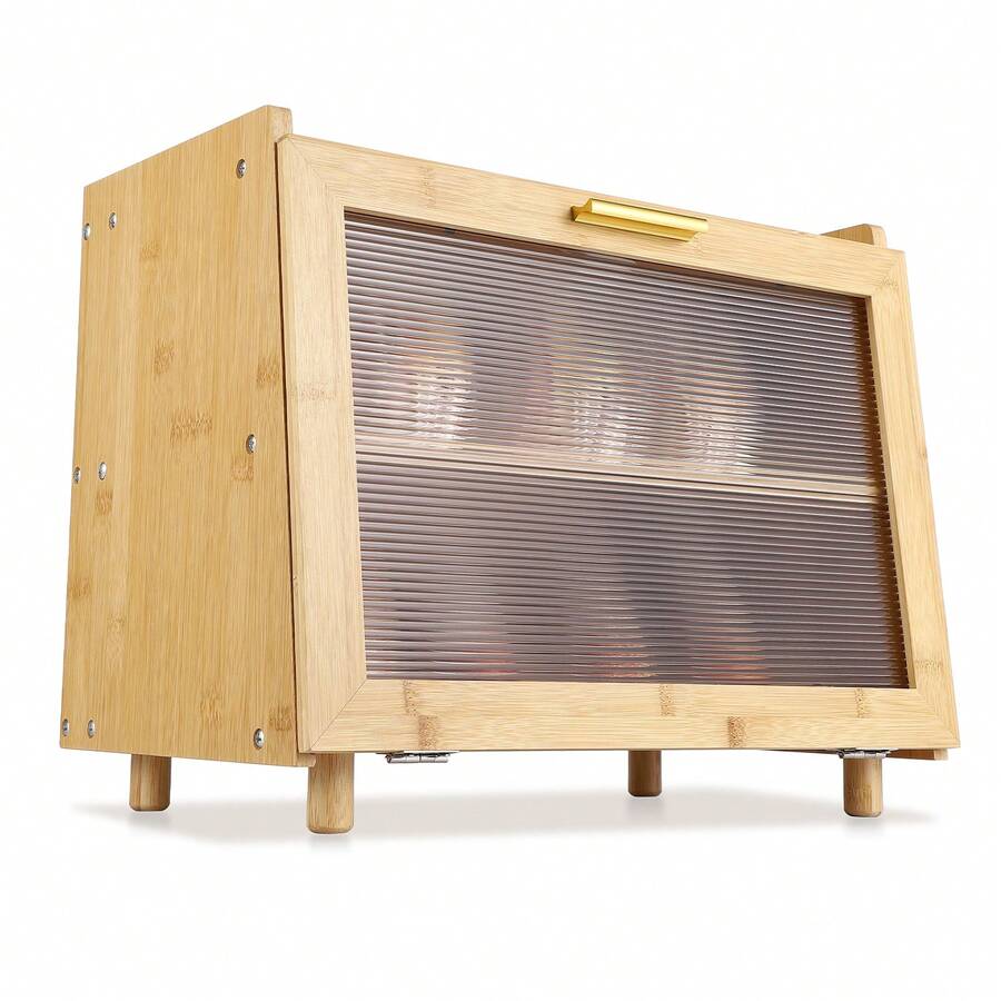 Bamboo Bread Box For Kitchen Counter, Double Layer Large Capacity Bread Storage Container Farmhouse Bread Box With Window, Black - 天然竹色 - 查看 1