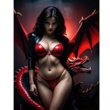 DIY 迷人女士与红龙 5D 钻石画，生动的幻想主题墙艺术，适合家庭、办公室、酒吧、酒馆、咖啡店 - 紅色 - 查看 1