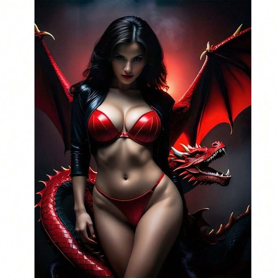 DIY 迷人女士与红龙 5D 钻石画，生动的幻想主题墙艺术，适合家庭、办公室、酒吧、酒馆、咖啡店 - 紅色 - 查看 1