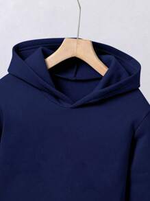 2pcs/Set Tween Boy Casual Printed Thermal Lined Hoodie & Sweatpants Set, Autumn/Spring/Winter - Navy Blue - View 4