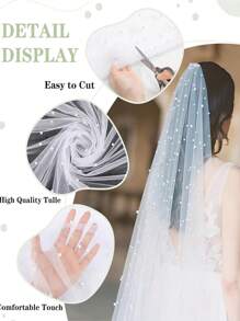 1 pieza de tela transparente blanca con perlas blancas, tela de vestido de novia de alta gama, tul para decoración de boda, para manualidades con cuentas - Blanco - Ver 5