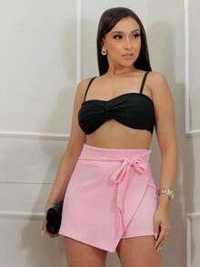 WOMEN'S SKIRT SHORTS WITH HIGH WAIST AND FRONT BOW - 淺粉色 - 查看 1