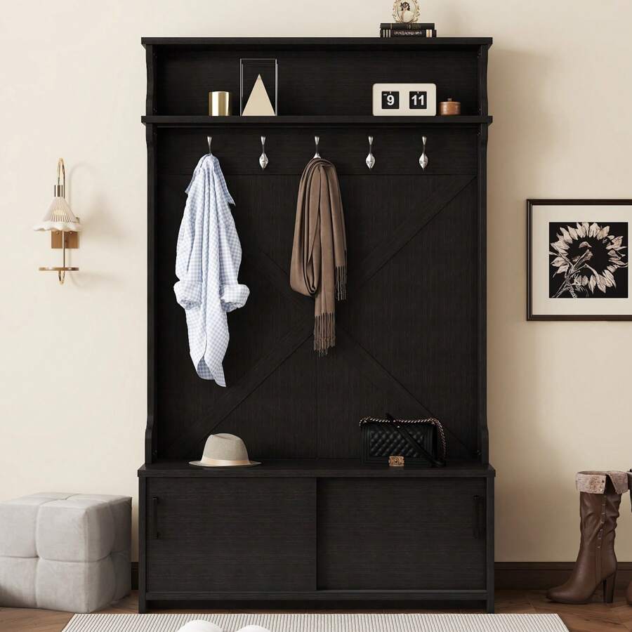 Hall Tree With Top Shelf And Storage Bench, Hallway Shoe Cabinet With Sliding Doors, Coat Rack With 5 Hanging Hooks For Entryways Hallways - 黑色 - 查看 1