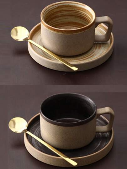 250ML/ 8.46OZ Rough Pottery Ceramic Coffee Cup/ Tea Cup/ Mug With Tea Tray, Handmade Vintage Art Tumblers Coarse Pottery Milk Ceramic Mug With Plate Coffee Cups And Saucer Set For Gift(Without Spoon) Back To School