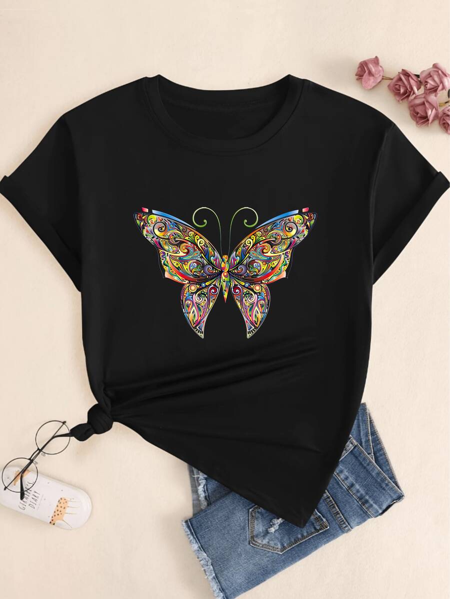 Butterfly T-Shirt Women's Blouse Print Comfort Casual Streetwear Premium - màu đen - Xem 1