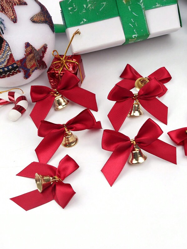 10pcs Christmas Bells Hanging Ornament,DIY Christmas Ribbon Bow Bell Crafts, Mini Bow Red Ribbon Bow Bell, Home Decor, Window Decor Pendant, Holiday Party Decor,Christmas Decor,Christmas Gift