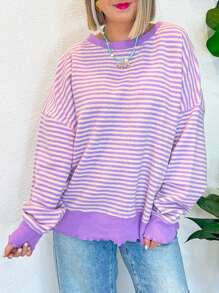 CILKOO 宽松条纹落肩长袖轻薄套头卫衣，春季休闲款 - 淡紫色 - 查看 5