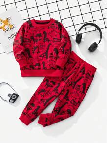 2 件“Little Bitty”男孩长袖运动衫和运动裤套装，带有卡通恐龙印花，适合秋冬季的时尚风格 - 彩色 - 查看 1