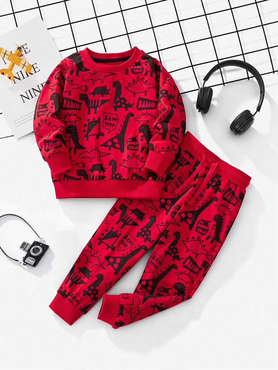 2 件“Little Bitty”男孩长袖运动衫和运动裤套装，带有卡通恐龙印花，适合秋冬季的时尚风格 - 彩色 - 查看 1