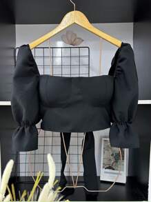 Tailored Cropped Top With Padded Cups And Princess Sleeves - Black - View 1