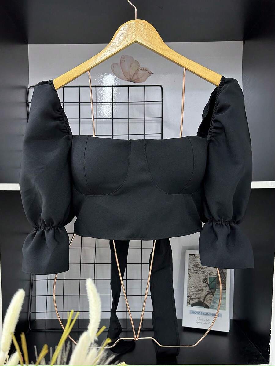 Tailored Cropped Top With Padded Cups And Princess Sleeves - Black - View 1