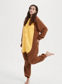 Flying Squirrel Unisex, Plus Size Cartoon One Piece Pajamas, Fleece Thickened Hooded Jumpsuit, Fall, Winter, Christmas Animal Cosplay One Piece Pajamas, Funny One Piece Outfit For Halloween Party - 棕色 - 查看 4