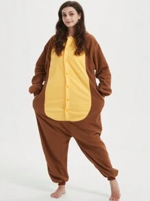 Flying Squirrel Unisex, Plus Size Cartoon One Piece Pajamas, Fleece Thickened Hooded Jumpsuit, Fall, Winter, Christmas Animal Cosplay One Piece Pajamas, Funny One Piece Outfit For Halloween Party - 棕色 - 查看 3