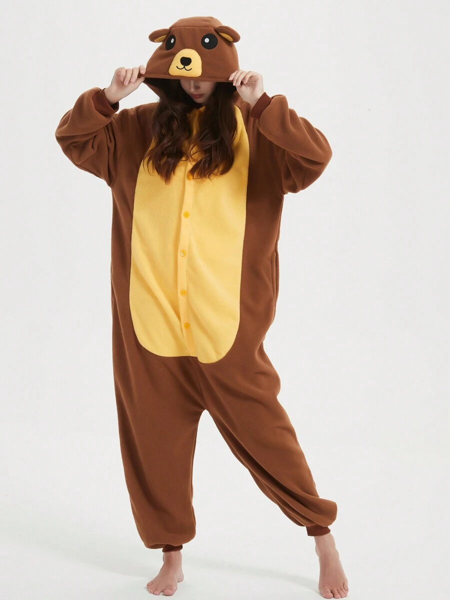 Flying Squirrel Unisex, Plus Size Cartoon One Piece Pajamas, Fleece Thickened Hooded Jumpsuit, Fall, Winter, Christmas Animal Cosplay One Piece Pajamas, Funny One Piece Outfit For Halloween Party - 棕色 - 查看 1
