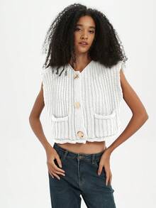 Women's Solid Color Knitted Pocket Decor Chunky Knit Vest - Beige - View 3