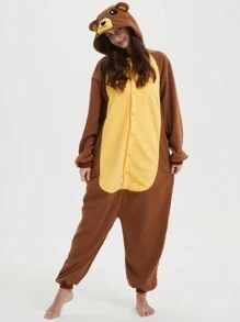 Flying Squirrel Unisex, Plus Size Cartoon One Piece Pajamas, Fleece Thickened Hooded Jumpsuit, Fall, Winter, Christmas Animal Cosplay One Piece Pajamas, Funny One Piece Outfit For Halloween Party - 棕色 - 查看 5