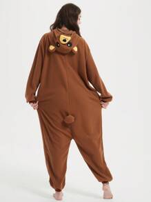 Flying Squirrel Unisex, Plus Size Cartoon One Piece Pajamas, Fleece Thickened Hooded Jumpsuit, Fall, Winter, Christmas Animal Cosplay One Piece Pajamas, Funny One Piece Outfit For Halloween Party - 棕色 - 查看 2