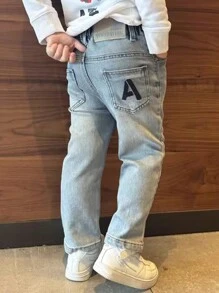 Tween Boys Embroidered Pocket Stretch Denim Jeans - Light Wash - View 1