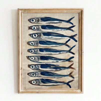 1pc Unframed/Framed Retro Sardine Food Kitchen Poster Vintage Still Life Fish Coastal Art Painting Canvas Print Modern Dining Room Restaurant Wall Picture For Dorm Apartment Living Room Home Decoration
