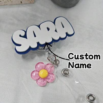 1pc Letter Acrylic Personalized Name Badge, Custom Name Badge Reel, Retractable ID Badge Holder With Small Flower Pendant Accessory,Dawg,Engraved, Sequines,Stainless,Vintage,Casual,Unisex,Hipster,Old Money,Stylish,Custom,Personalized,Unique,Customized,Ideal Gifts For Him,Ideal Gifts For Her,Boyfriend,Girlfriend,Family,Friends,Grandparents,Children,Her,For Anniversaries,For Birthdays,For Weddings,For Graduation,For Housewarming