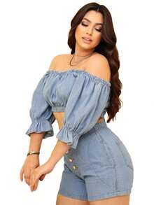 Women's Short And Cropped Kit Set  Jeans Short With Buttons With Bow Plain Summer Fashion Premium - 淺色水洗藍 - 查看 2