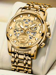 VA VA VOOM 1 件男士手表时尚不锈钢镂空表盘休闲运动风格夜灯男士时钟金色和黑色和银色原装石英机芯水钻奢华腕表