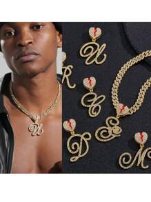 Moda Crack Heart 26 Letras A-Z Pingente Chunky Curb Corrente Colar, Unisex Hiphop Punk Rock Rapper Jóias Liga Acessório Para Uso Diário