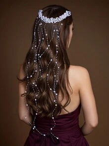 1入珍珠髮飾,高雅手工編織流蘇和花邊頭飾,適用於新娘婚禮裝飾 - 銀色 - 查看 6