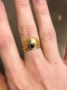 2 chiếc nhẫn vàng sáng bóng tinh tế hình mặt trời mọc dành cho phụ nữ, quà tặng đính hôn trong đám cưới, trang phục hàng ngày - Vàng - Xem 3