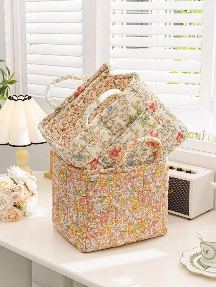 1 件印花面料韩式田园便携式婴儿衣服收纳篮、尿布收纳篮 - 彩色 - 查看 1